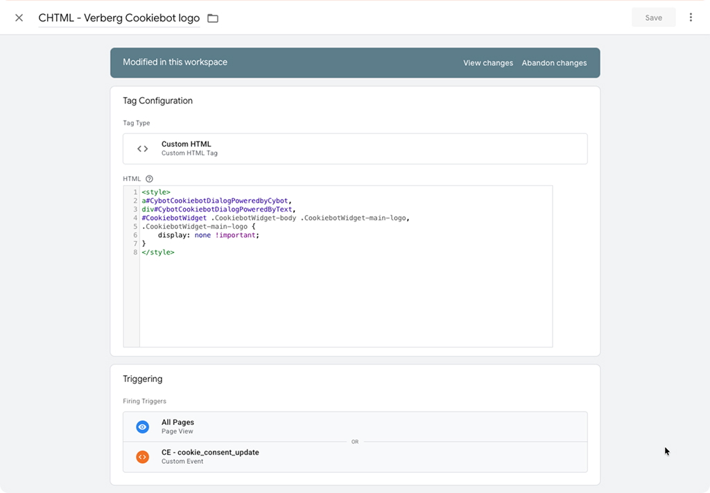 hero Zo verwijder je het Cookiebot logo uit je cookiebanner google tag manager screenshot tag